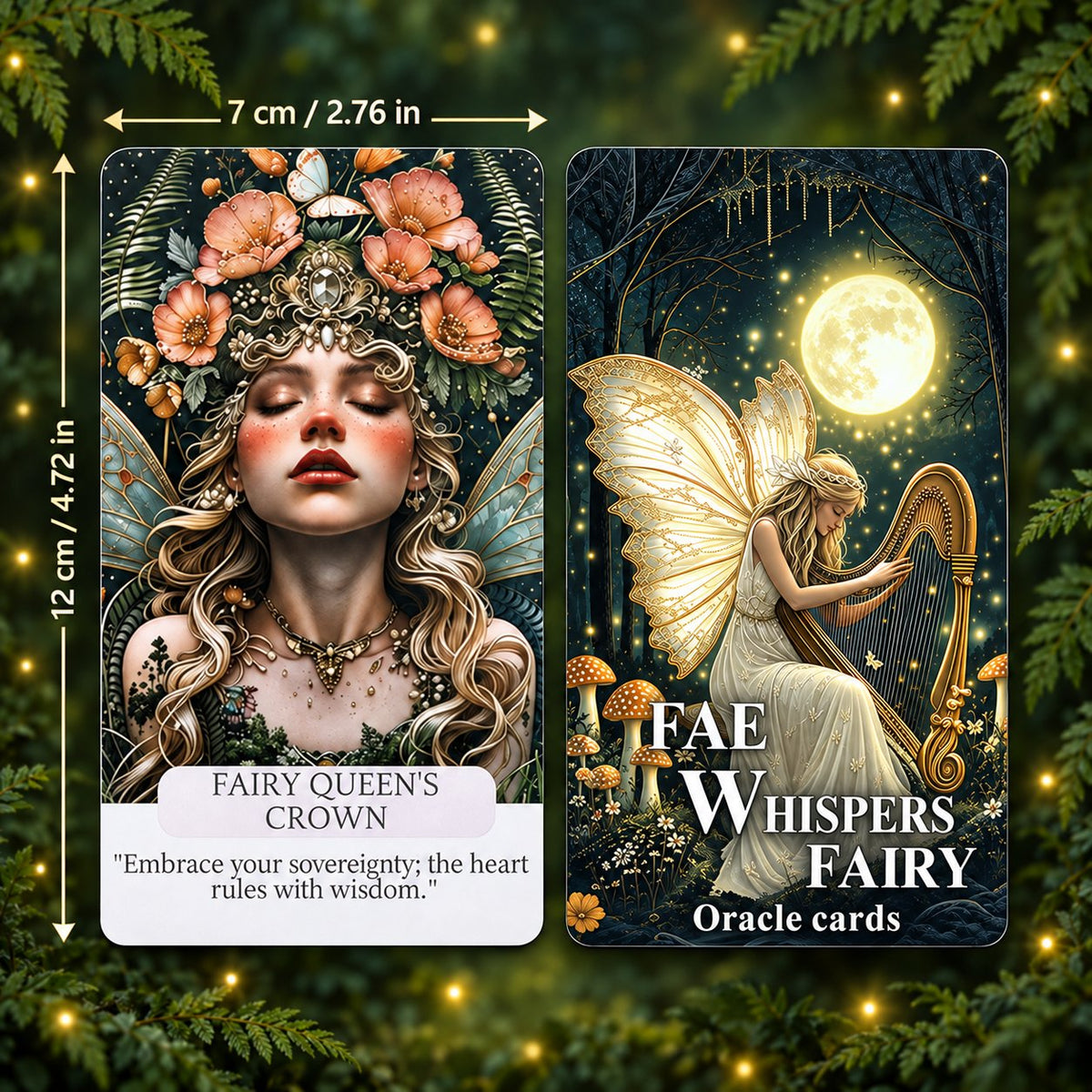 Standard card dimensions of Fae Whispers Oracle (7 × 12 cm / 2.76 × 4.72 in) for intuitive tarot readings.
