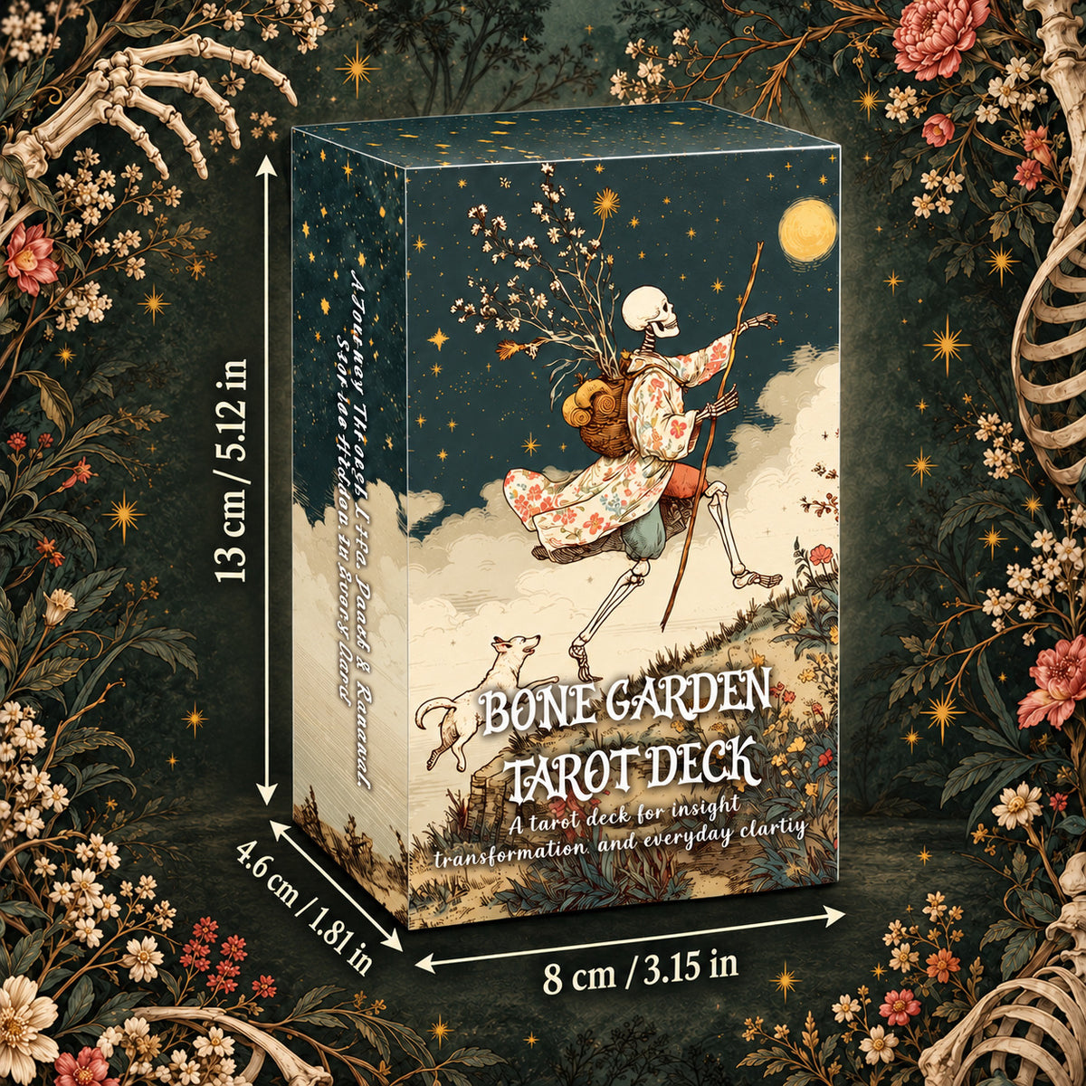 Bone Garden Tarot illustrated storage box featuring a wandering skeleton in a moonlit garden, measuring 8 × 13 × 4.6 cm (3.15 × 5.12 × 1.81 inches).