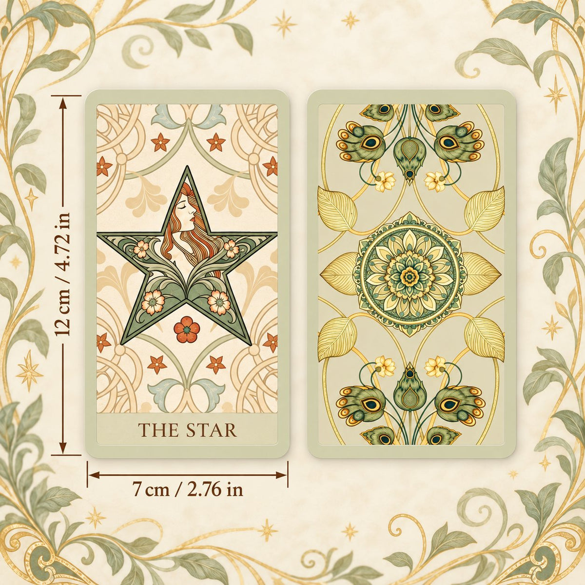 Standard card dimensions of Radiant Soul Tarot (7 × 12 cm / 2.76 × 4.72 in) for intuitive tarot readings.