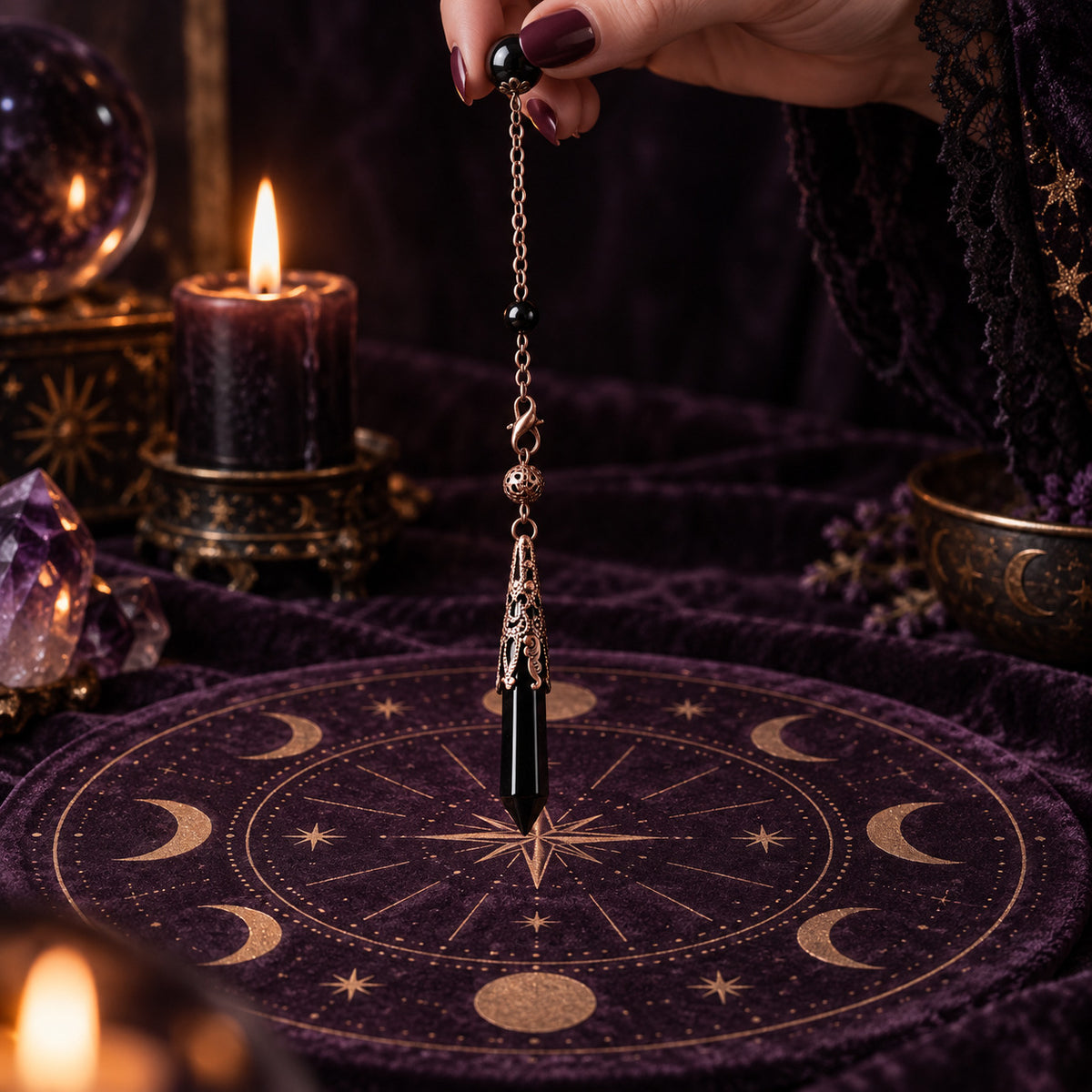 Stainless steel pendulum chain with ornate lobster clasp and matching crystal bead finial.