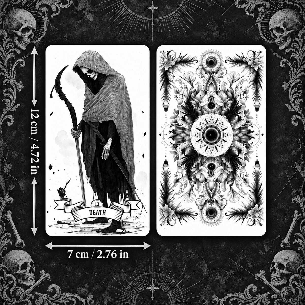 Standard card dimensions of The Whispering Tarot (7 × 12 cm / 2.76 × 4.72 in) for intuitive tarot readings.