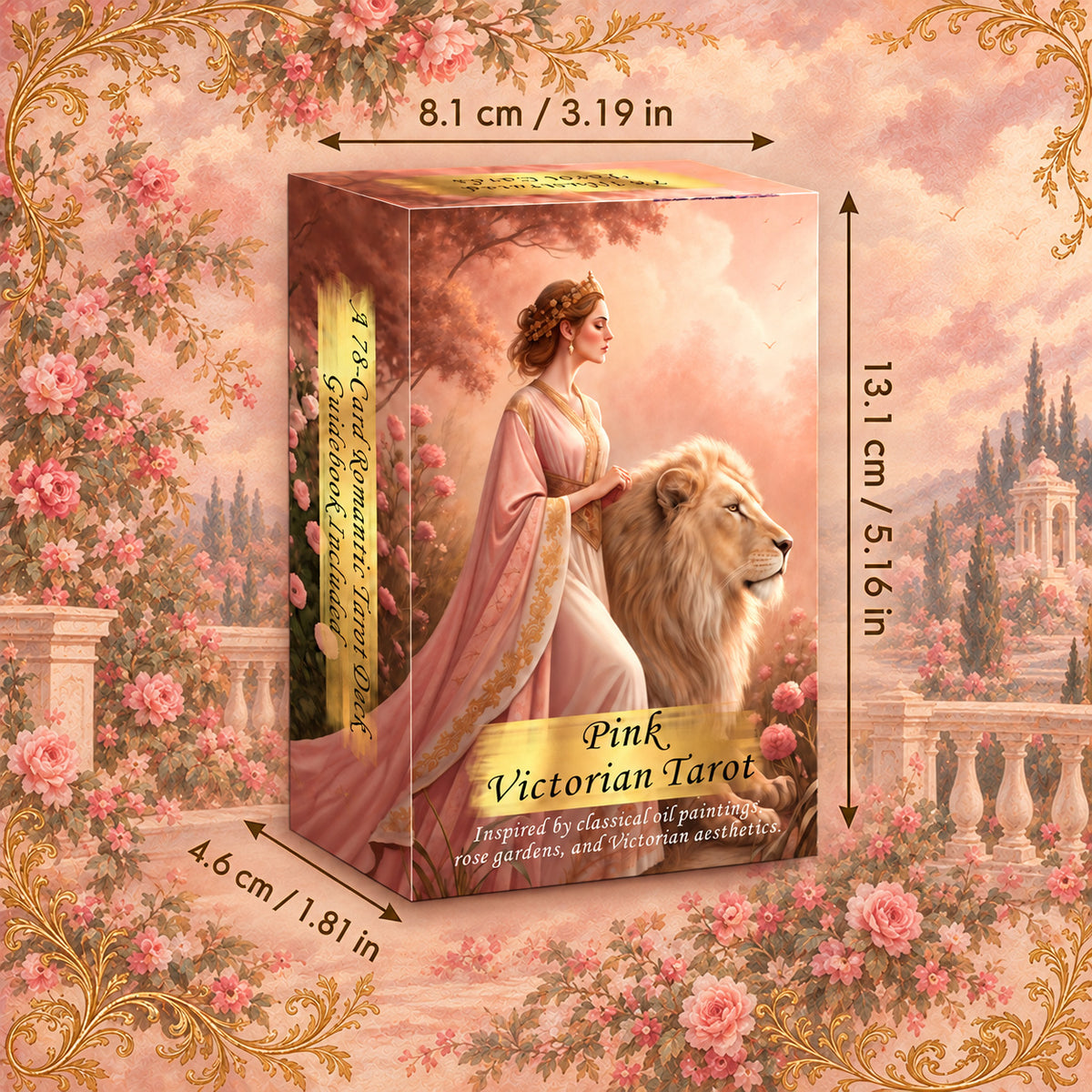 Durable storage tuck box dimensions for Pink Victorian Tarot for safe card keeping and travel.