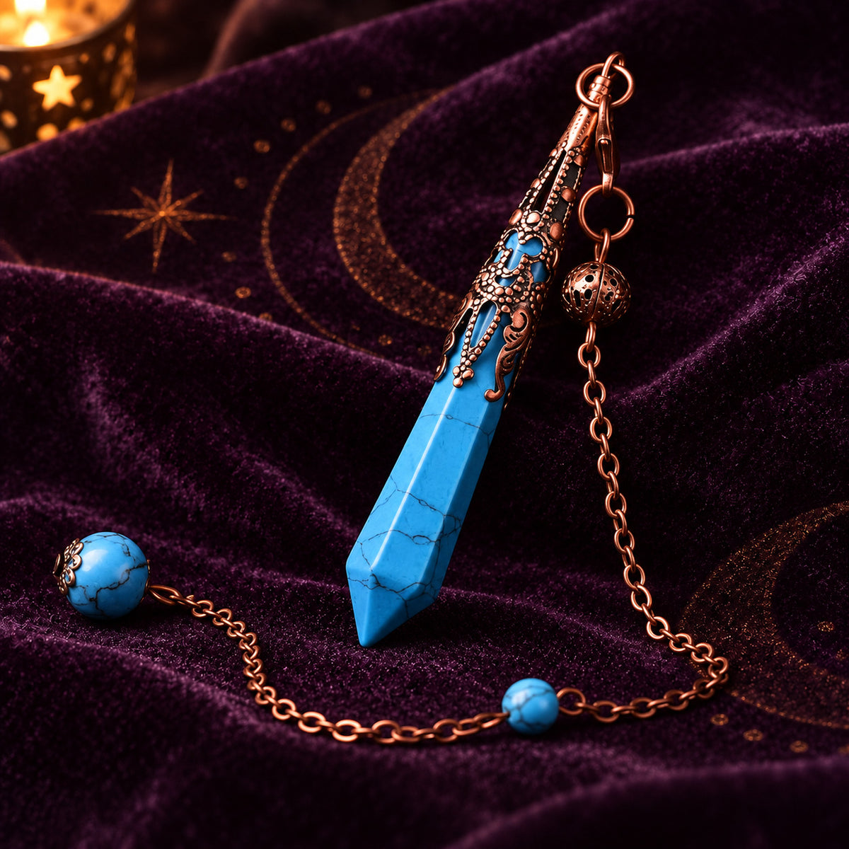 Blue Turquoise gemstone pendulum for throat chakra communication and calming intuition.
