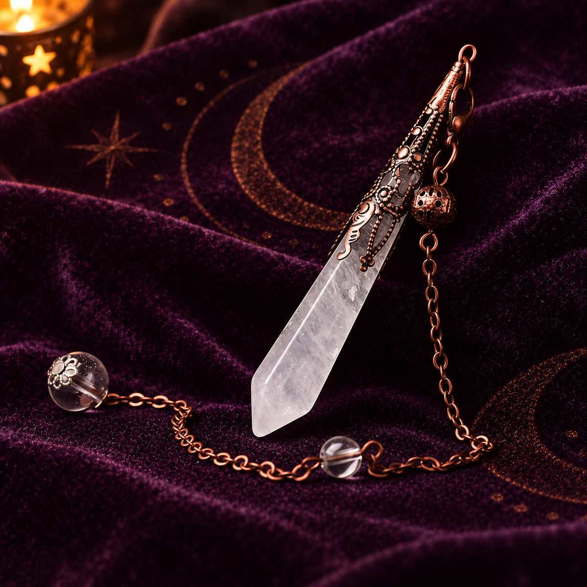 Clear Quartz crystal faceted pendulum point for spiritual clarity and universal energy amplification.