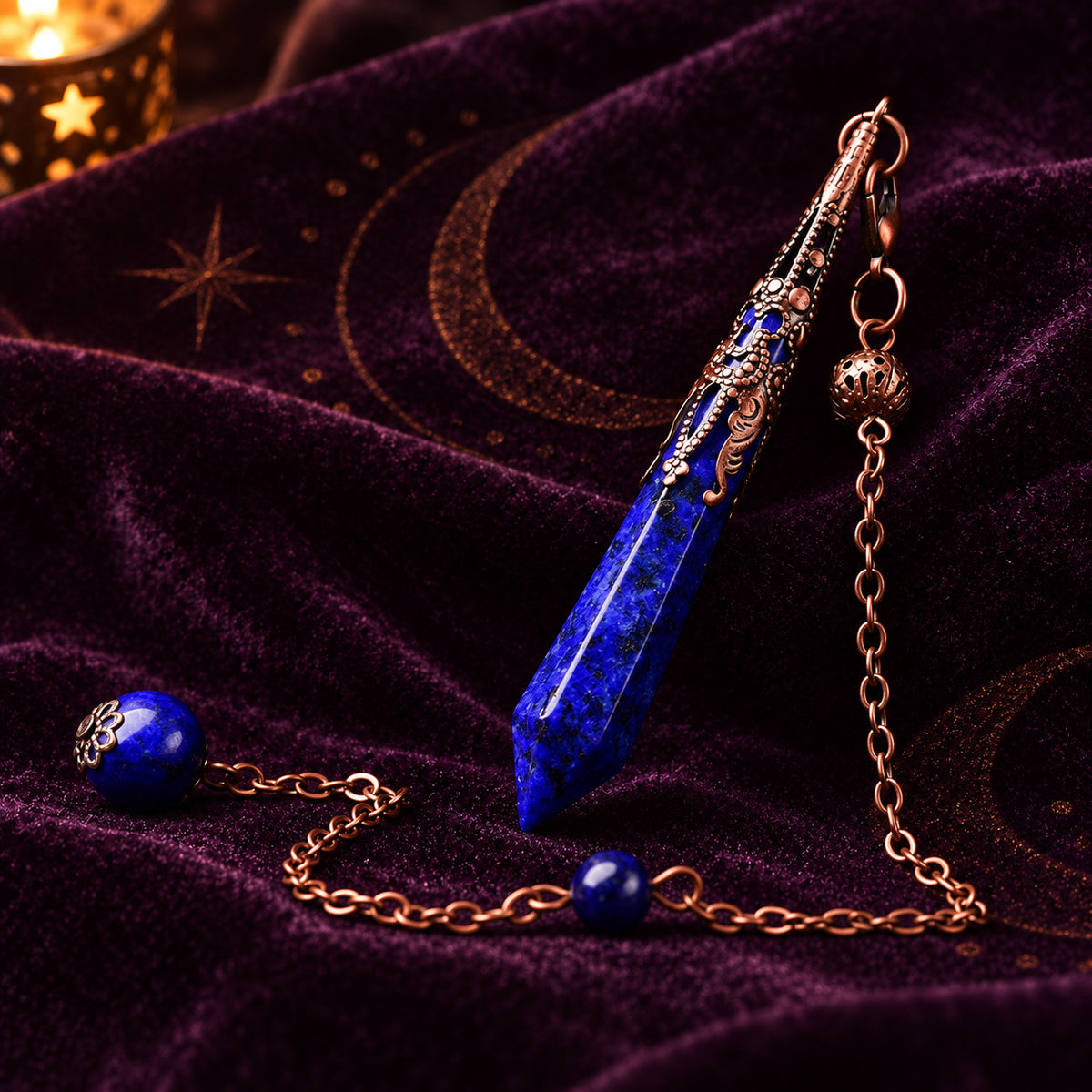 Lapis Lazuli natural gemstone pendulum with golden pyrite flecks for third eye intuition.