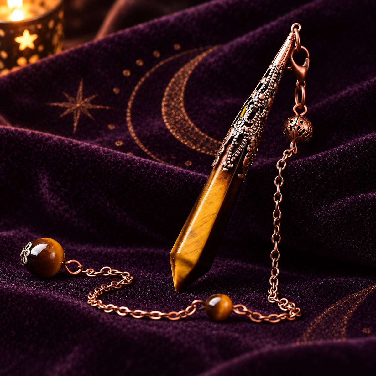 Tiger's Eye golden chatoyant crystal pendulum for courage, vitality, and solar plexus grounding.