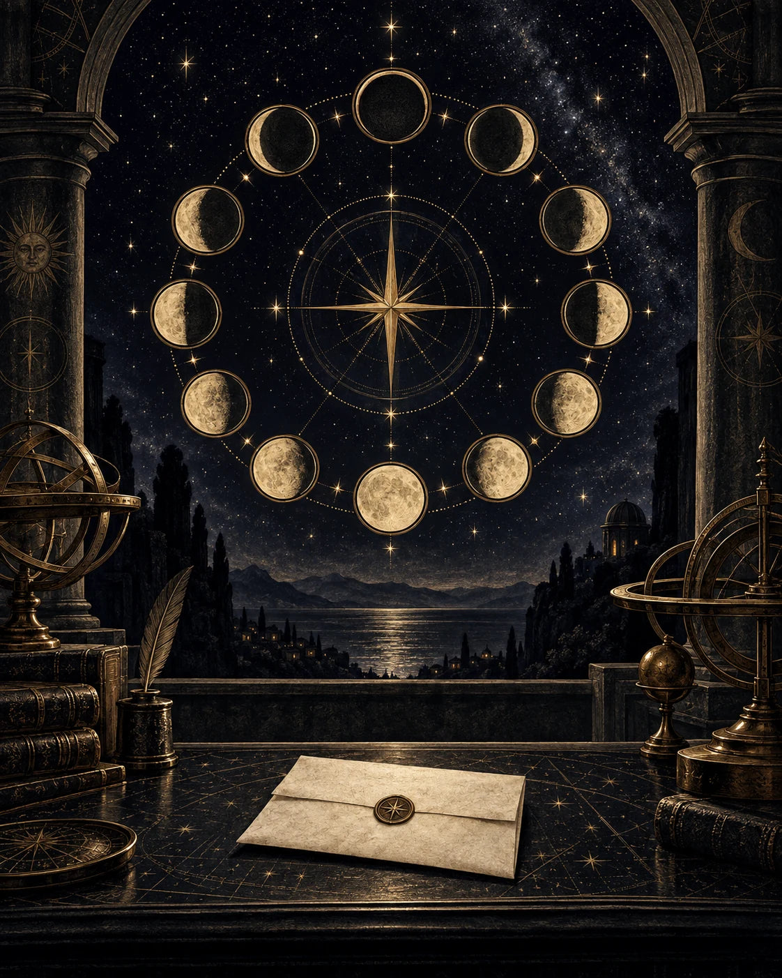 The Fool’s Circle annual digital membership — twelve golden moon phases around a compass star