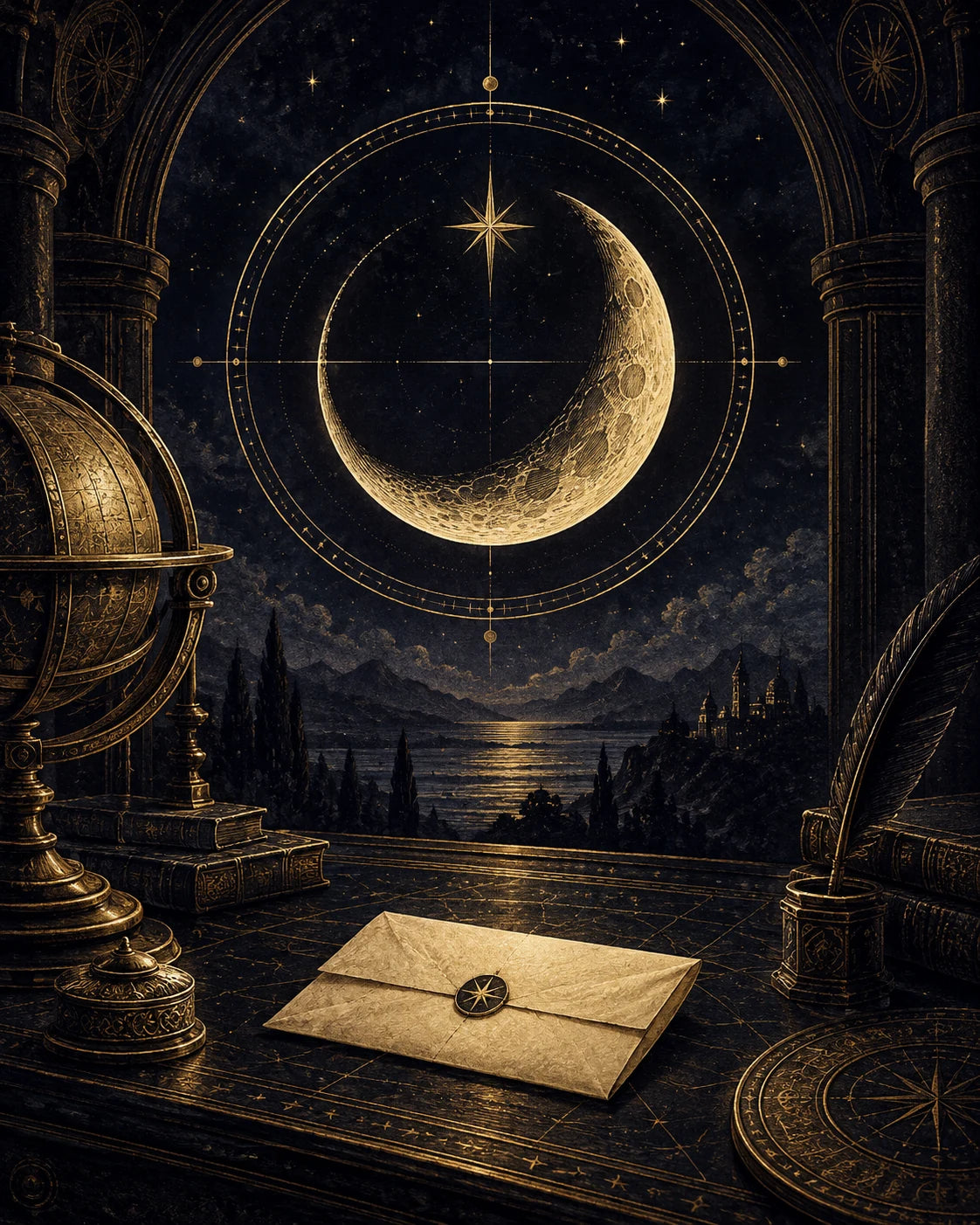 The Fool’s Circle monthly digital membership — a golden crescent moon above a personal reading letter