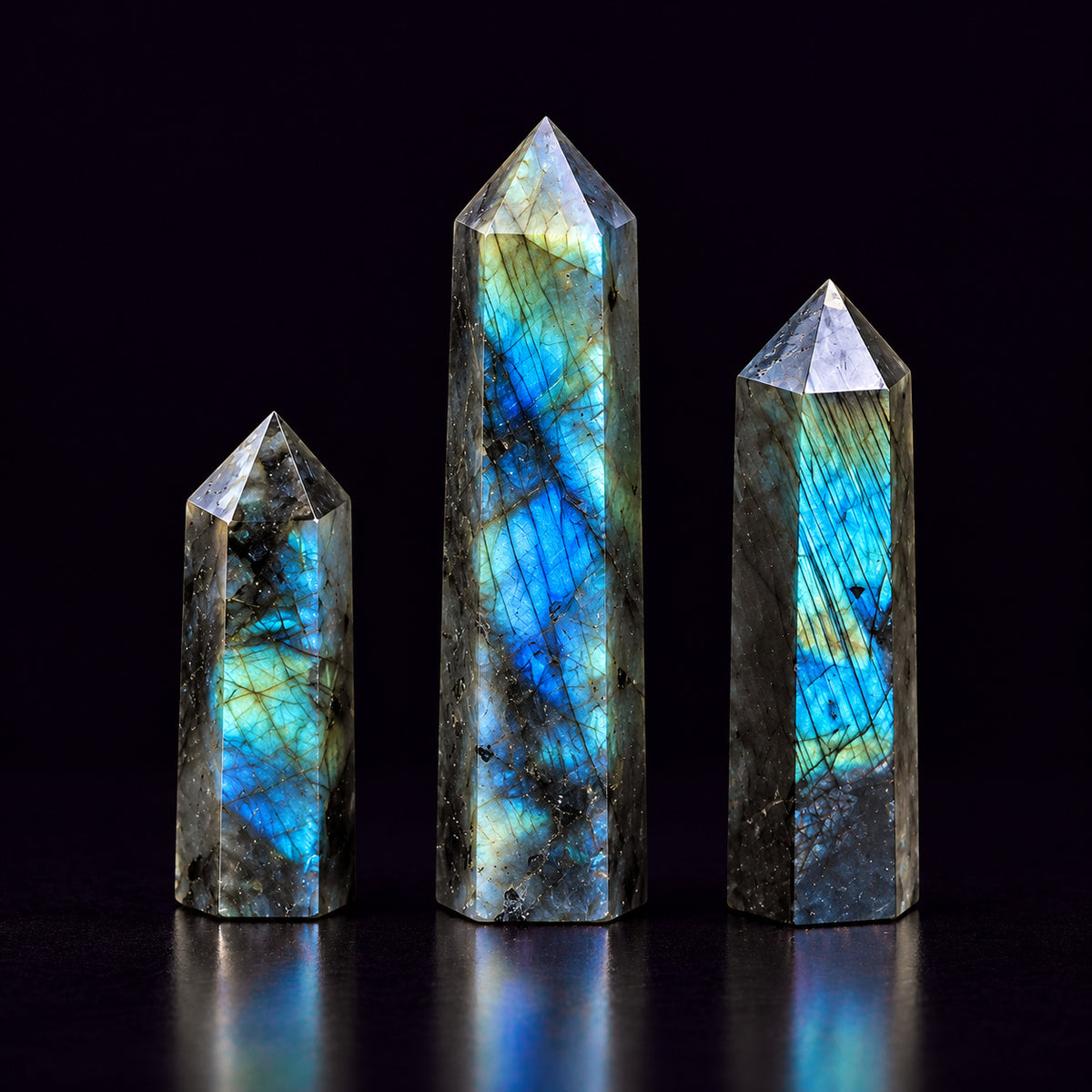 Trio arrangement of polished gemstone towers highlighting the mystical flash of Labradorite.