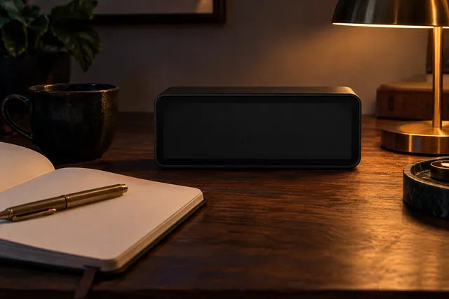 A blank digital clock on a warmly lit desk