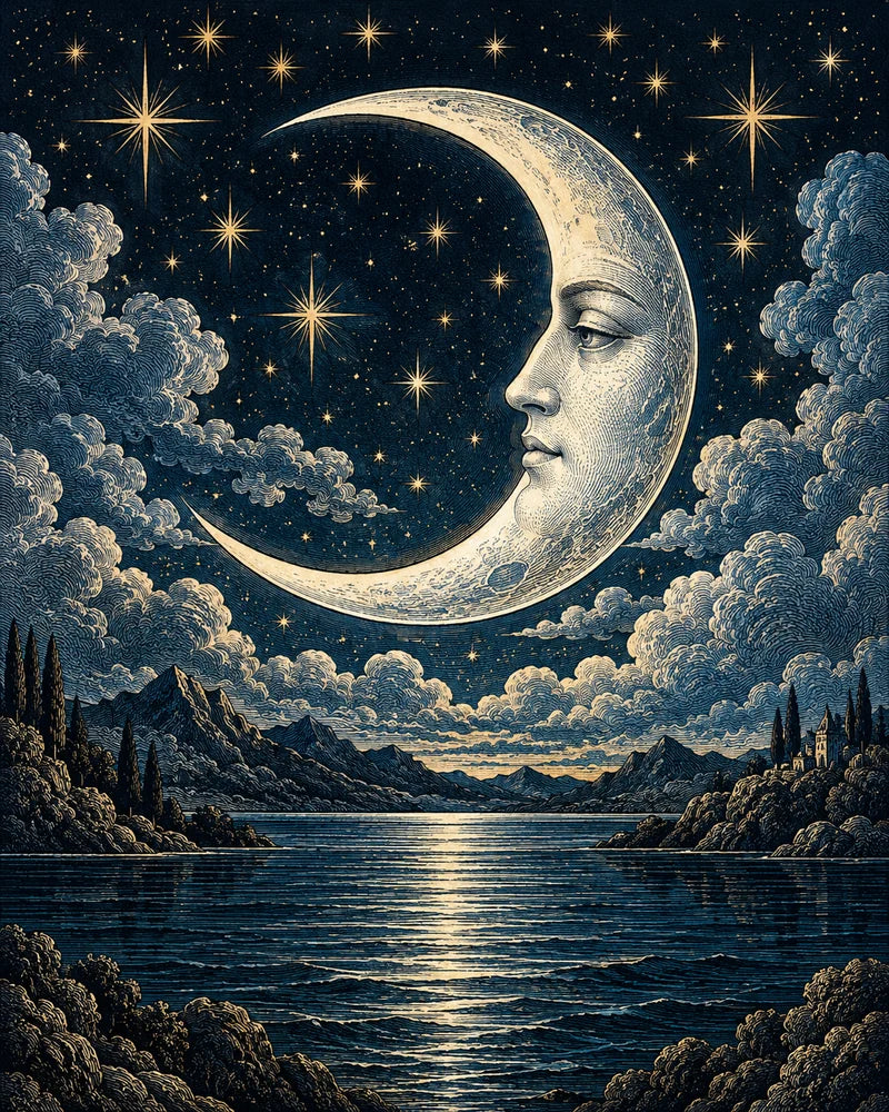 Engraved crescent moon above water