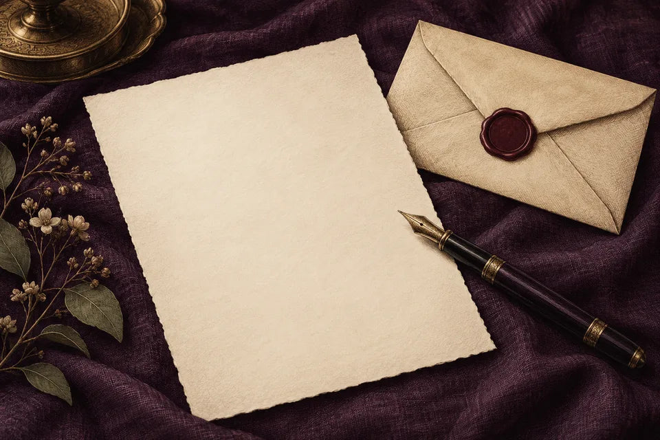 Blank letter paper, a fountain pen and a sealed envelope on deep purple linen