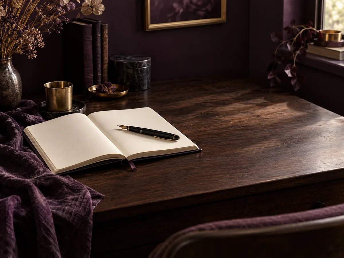 Illustrative writing desk with blank notebook, a pen and dark plum linen