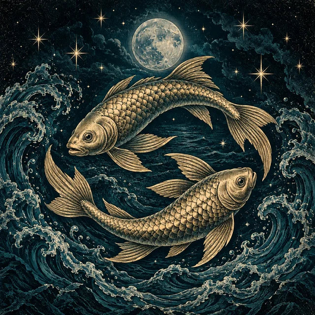 Two fish swimming in a spiral