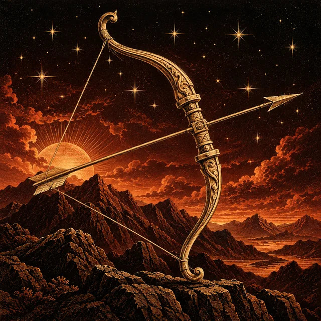 An engraved bow and arrow