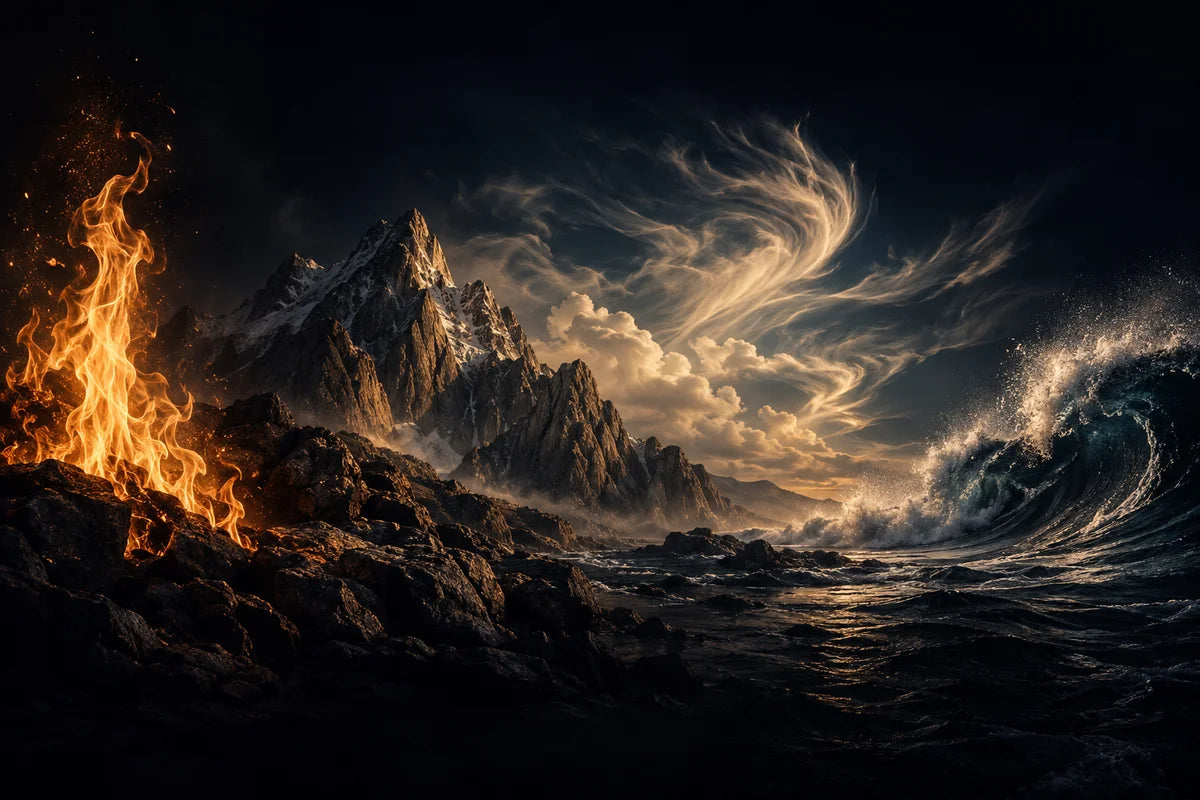 Flame, mountain rock, flowing clouds and an ocean wave illustrate fire, earth, air and water