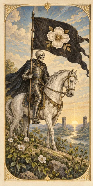Death: an armored skeleton rides a white horse carrying a black flag with a white flower.