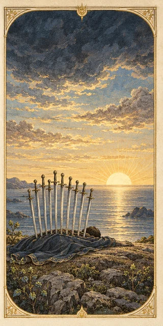 Ten of Swords: ten swords stand over a draped figure beside the sea under clearing dawn clouds.
