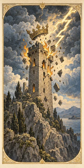 The Tower: lightning strikes a stone tower as a crown falls above rocky cliffs.