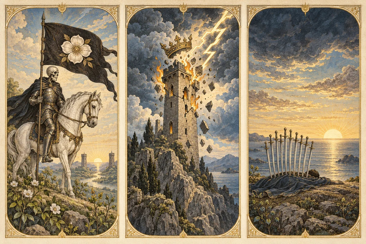 Three illustrated cards: Death on a white horse, a lightning-struck Tower, and Ten of Swords beside the sea at dawn.