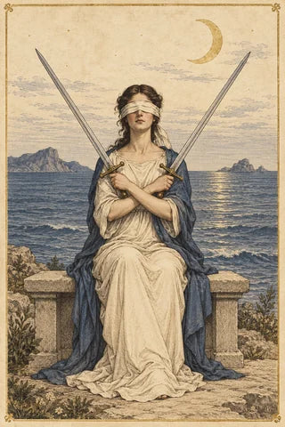 A blindfolded seated woman holds two crossed swords beside a calm blue-gray sea beneath a crescent moon.